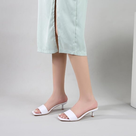 Women's White Kitten Heels Sandal Heeled Slides Square Open Toe One Band Slip On - Picture 3 of 9